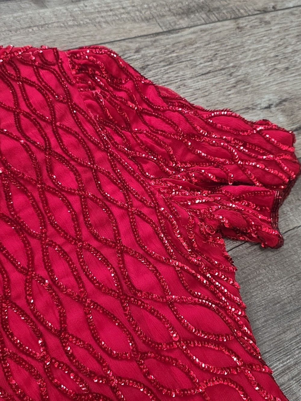 Vintage Laurence Kazar Cocktail 100% Silk Red Sequin Beaded Dress - Picture 8 of 16